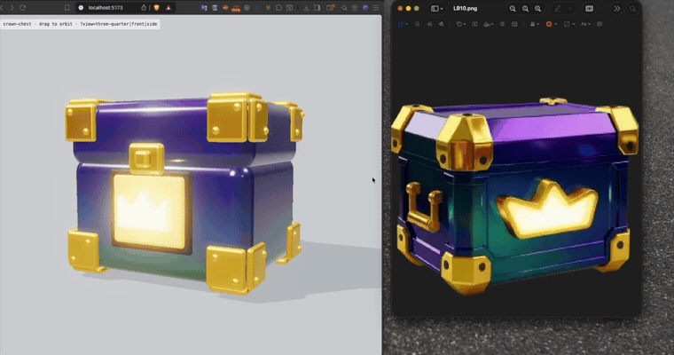 img2threejs demo: reference loot chest rebuilt as a procedural Three.js model
